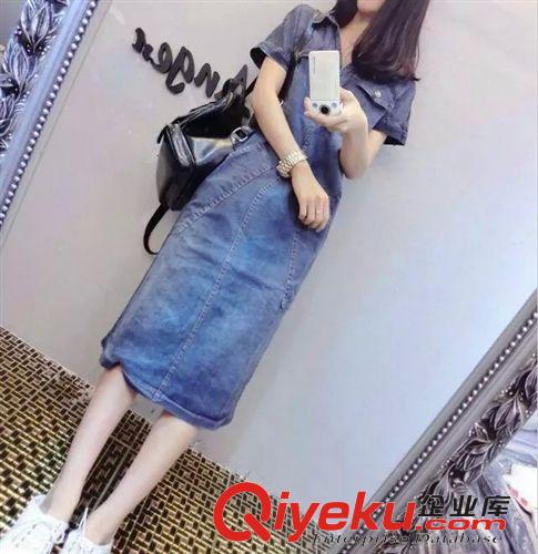 999 歐洲站2015夏季新款女裝歐美時(shí)尚寬松短袖牛仔連衣裙潮氣質(zhì)女長(zhǎng)裙