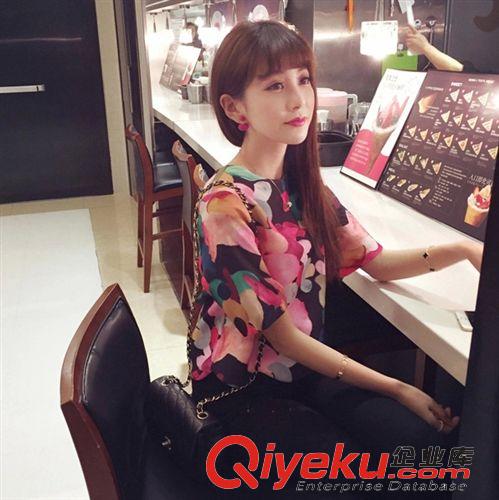 000 2015夏裝新款抽象印染花紋拼色高腰花點上衣波浪邊T恤女 好質量原始圖片2