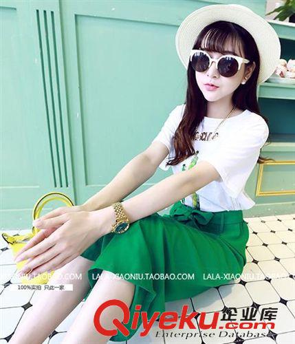 曼莎爆款推薦 2015夏季新款女裝韓國(guó)仙人球棉質(zhì)T恤+綁帶雪紡闊腿褲女式套裝原始圖片3