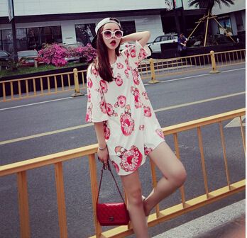 曼莎爆款推薦 2015夏季新品 韓版個性卡通圓領潮款寬松中長款T恤 女原始圖片3