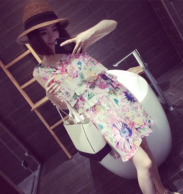 曼莎鎮(zhèn)廠之寶 現(xiàn)貨批發(fā)2015夏季新款女裝無袖雪紡花朵波西米亞連衣裙 女