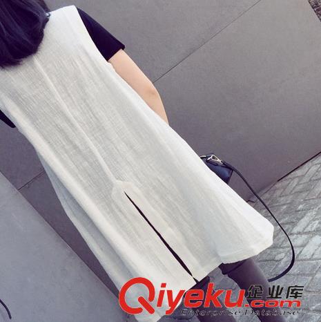 2015年5月新款 2015夏季新款韓版氣場款中長款后背開叉棉麻無袖馬甲外套女