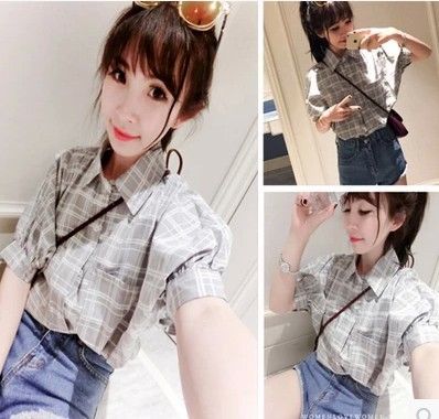2015年5月新款 2015夏季新款 韓版簡單百搭雙口袋網格短袖翻領灰色襯衫 現貨批發原始圖片3