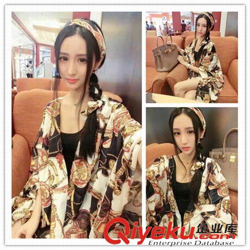 2015年5月新款 2015新款女裝超美鏈條圖案寬松披肩外套+顯瘦背心裙+頭巾三件套原始圖片2