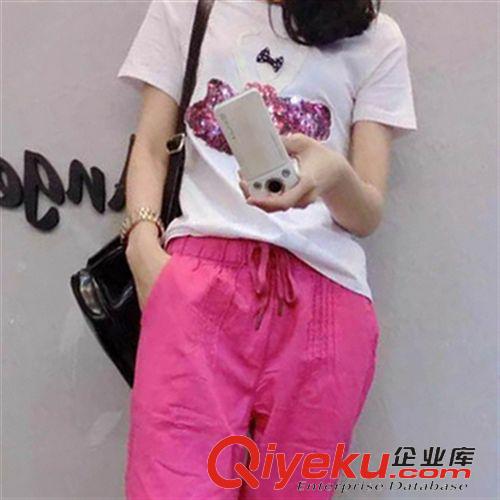 5月新款 歐洲站2015時尚夏裝純色圓領t恤+系帶棉麻休閑褲套裝女兩件套