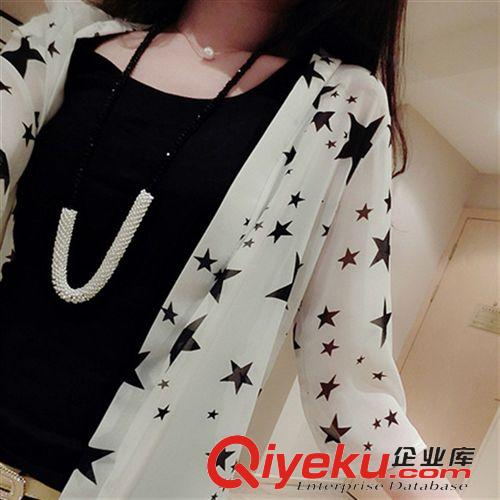 4月新款 2015夏新款韓版大碼女裝印花星星雪紡?fù)馓仔∨绶罆褚麻L款開衫