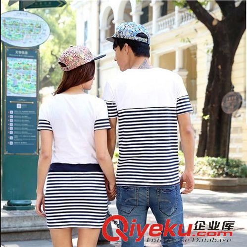 4月新款 2015新款情侶裝夏女裙 韓版修身圓領(lǐng)短袖條紋t恤韓版學(xué)生班服原始圖片3
