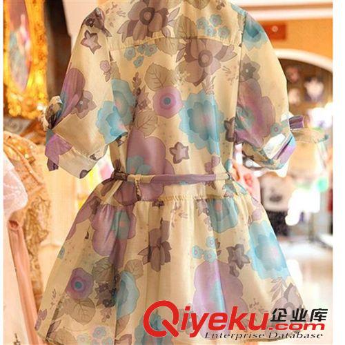 3月新款 歐洲站2015春裝新款修身中袖水彩印花歐根紗雪紡連衣裙潮原始圖片3