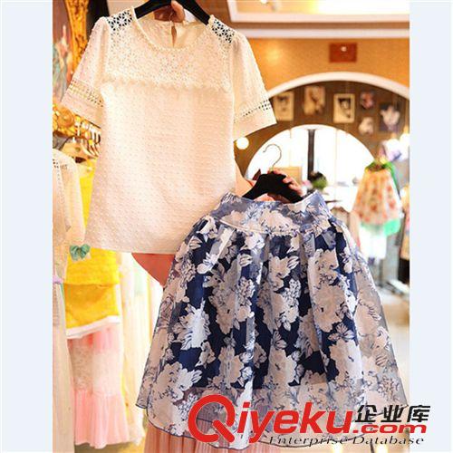 【休閑套裝】 2015歐洲站 dp女裝鏤空拼接蕾絲上衣歐根紗A字裙兩件套裝裙子夏原始圖片2