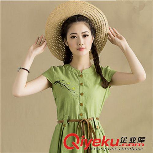 【連衣裙】 中式修身棉麻女裝 印花文藝小清新亞麻立領中長款短袖連衣裙 夏原始圖片3