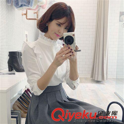 襯衫 2015韓國代購淑女百搭木耳花邊白襯衫女長袖休閑襯衣打底衫原始圖片2