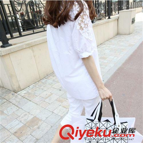 襯衫 新款襯衫女韓版甜美大碼女裝拼接蕾絲袖子寬松刺繡中長款襯衣女