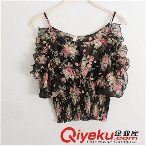 小背心，吊帶衫 夏季韓版女裝兩穿花朵印花吊帶露肩收腰蝙蝠短款雪紡衫上衣原始圖片2