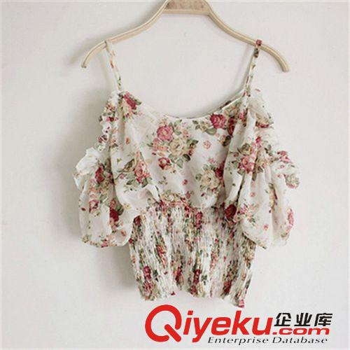小背心，吊帶衫 夏季韓版女裝兩穿花朵印花吊帶露肩收腰蝙蝠短款雪紡衫上衣原始圖片3