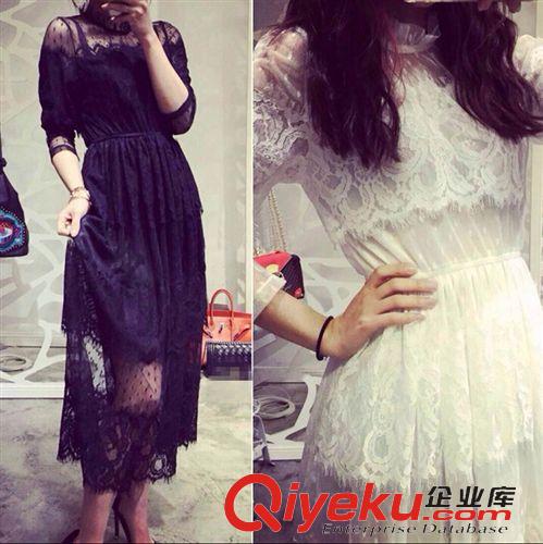 【裙類專區(qū)】 春裝新款女2015歐美dp黑色修身氣質蕾絲收腰連衣裙大擺高腰長裙