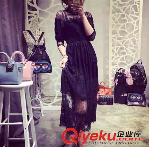 【裙類專區(qū)】 春裝新款女2015歐美dp黑色修身氣質蕾絲收腰連衣裙大擺高腰長裙原始圖片3