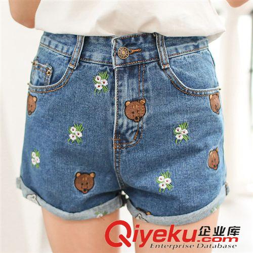 【牛仔專區(qū)】 2015夏裝新款韓版少女青少年可愛小熊刺繡卷邊牛仔短褲女原始圖片2