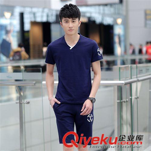 男裝 2015天天向上新款夏季時尚潮流男裝休閑五分褲短袖純綿V領T恤套裝