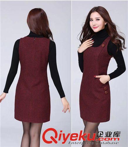 女裝 新品2015韓版千鳥格修身無袖毛呢背心裙顯瘦大碼連衣長裙原始圖片2