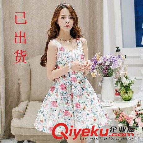 連衣裙   2015夏季新款女裝 韓版小清新碎花蝴蝶結百褶背心裙 藍雅憶連衣裙原始圖片3
