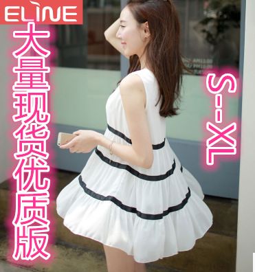 5月12號(hào)新款 2015夏季新款大碼女裝 韓版時(shí)尚修身短裙 淑女無(wú)袖條紋雪紡連衣裙原始圖片3