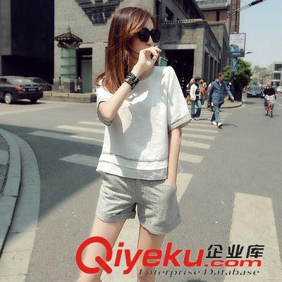 5月18號新款 2015夏裝新款歐洲站短袖棉麻時尚上衣兩件套氣質(zhì)名媛亞麻短褲套裝原始圖片2