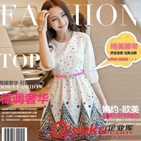 2015.3.11 2015春裝新款大碼女裝韓版修身圓領印花中袖顯瘦雪紡連衣裙原始圖片2