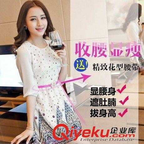 2015.3.11 2015春裝新款大碼女裝韓版修身圓領印花中袖顯瘦雪紡連衣裙原始圖片3