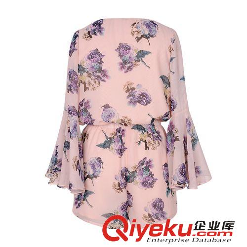 2015.3.20 2015春裝甜美氣質(zhì)收腰V領(lǐng)喇叭袖印花雪紡連體褲原始圖片2