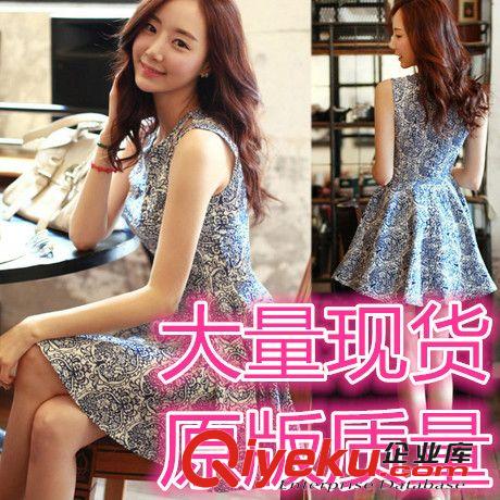 2015.3.24 2015棉麻蓬蓬短裙韓版青花瓷百褶連衣裙 碎花吊帶裙子無袖背心裙原始圖片2