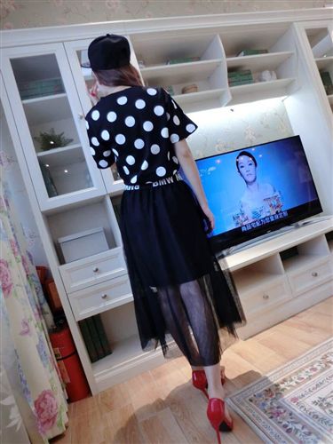 2015.4.16 2015夏裝 韓版氣質(zhì)優(yōu)雅 波點dp短袖T恤上衣+網(wǎng)紗裙 套裝原始圖片2