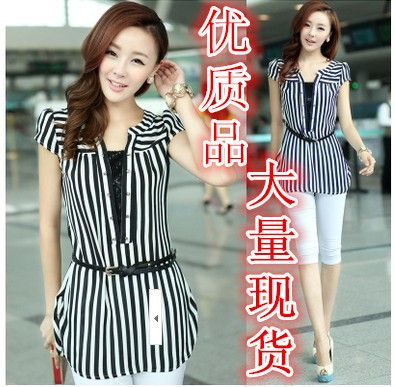2015.4.18 2015夏裝新款短袖雪紡衫女修身中長(zhǎng)款大碼女裝條紋顯瘦雪紡上衣原始圖片3