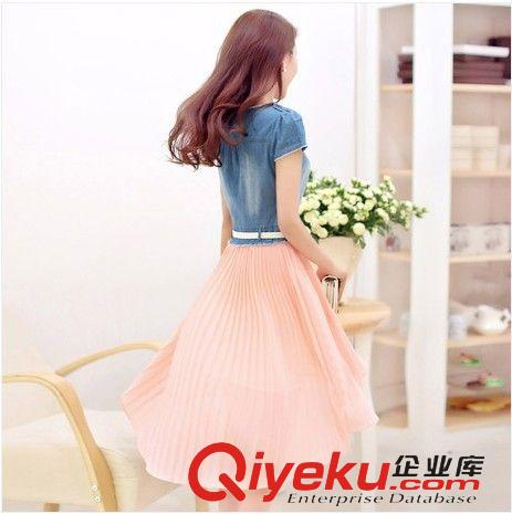 2015.4.20 2015韓版女裝新款夏裝牛仔雪紡拼接連衣裙中裙女連衣裙原始圖片2