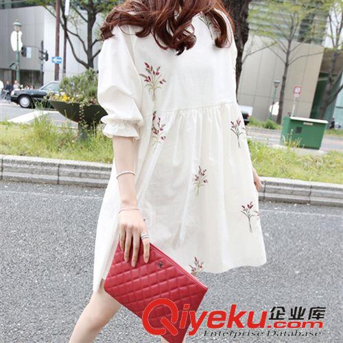 2015.5.20 韓國(guó)2015夏季韓版新款寬松五分袖大碼直筒刺繡連衣裙女裝潮原始圖片2