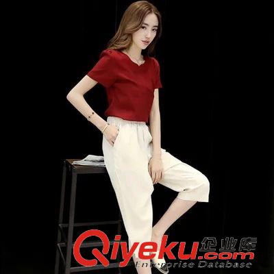 2015.5.26 歐洲站2015夏裝新款歐美印花棉麻九分褲休閑套裝時尚套裝女