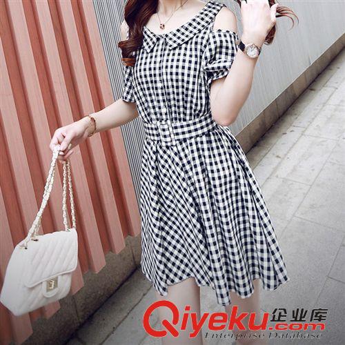 2015.5.26 2015新款英倫格子連衣裙女夏 修身顯瘦小清新短袖露肩裙子潮原始圖片3