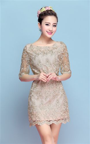 所有產品 2015春夏新款女裝 韓版氣質修身中袖打底裙時尚金線蕾絲連衣裙女原始圖片2