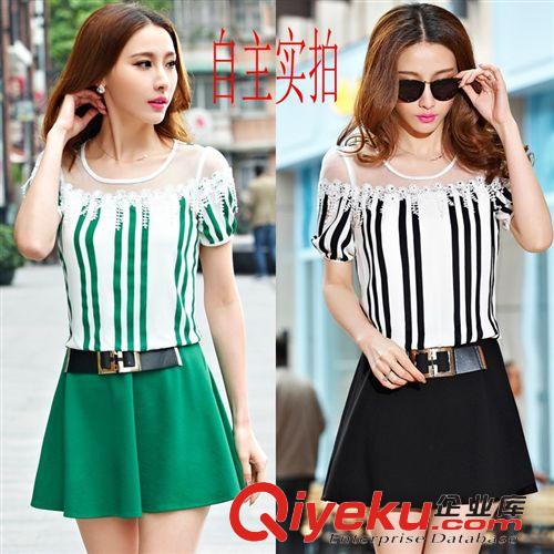 4月25號(hào)新款 2015夏季新款韓版時(shí)尚顯瘦修身蕾絲花邊鑲鉆假兩件套連衣裙潮女