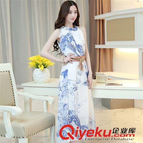 佳人苑實(shí)拍專區(qū) 2015夏裝新款時(shí)尚修身印花大碼大擺型波西米亞雪紡長款連衣裙原始圖片2