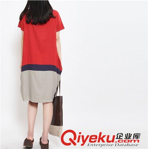 2015.5月新款第四期 2015夏季新款 女裝大碼 韓版撞色拼接棉麻短袖連衣裙原始圖片2