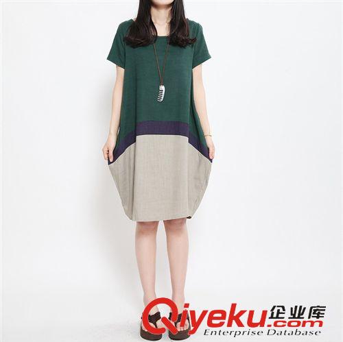 2015.5月新款第四期 2015夏季新款 女裝大碼 韓版撞色拼接棉麻短袖連衣裙原始圖片3