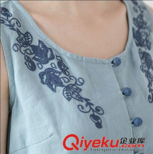 裙裝區 2015夏季新款棉麻圓領復古盤口繡花無袖連衣裙裝