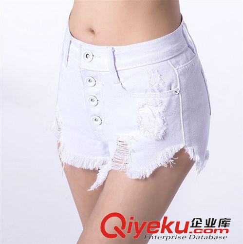 褲子 2015新款歐美簡約高腰破洞洗水做舊紐扣提臀女牛仔短褲原始圖片2