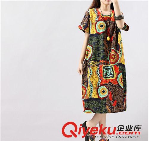 大碼女裝專(zhuān)區(qū) 2015年夏大碼寬松圓領(lǐng)中長(zhǎng)款復(fù)古棉麻印花連衣裙