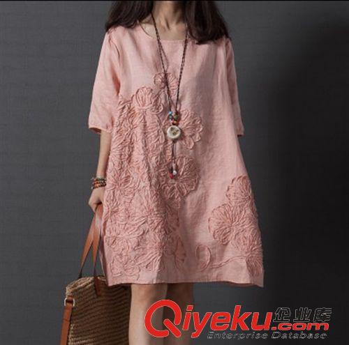 大碼女裝專(zhuān)區(qū) 2015夏季新款韓版連衣裙大碼女裝寬松刺繡五分袖棉麻連衣裙