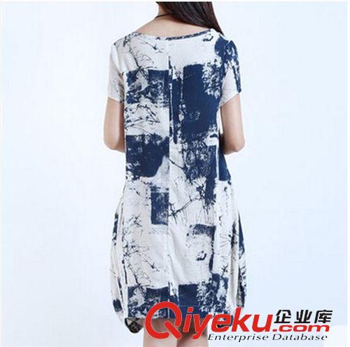 大碼女裝專區(qū) 2015新款大碼女裝水墨印花文藝范棉麻短袖連衣裙