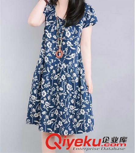 大碼女裝專區(qū) 夏季新款小碎花休閑短袖大碼棉麻系短袖連衣裙女裝原始圖片2