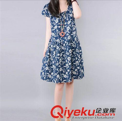 大碼女裝專區(qū) 夏季新款小碎花休閑短袖大碼棉麻系短袖連衣裙女裝原始圖片3