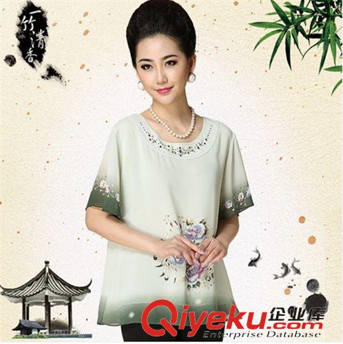 中老年媽媽裝 夏季新款中老年大碼媽媽裝印花時(shí)尚手繪雪紡衫T恤衫