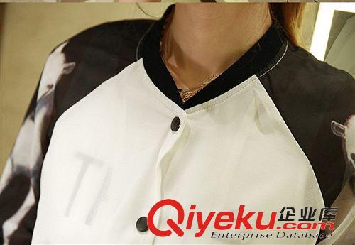 防曬衣 2015年 春夏款黑白印花長袖垂墜感飄逸雪紡?fù)馓追罆褚略紙D片3